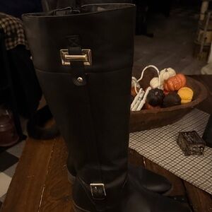 Black Knee-High Boots with Gold Buckles